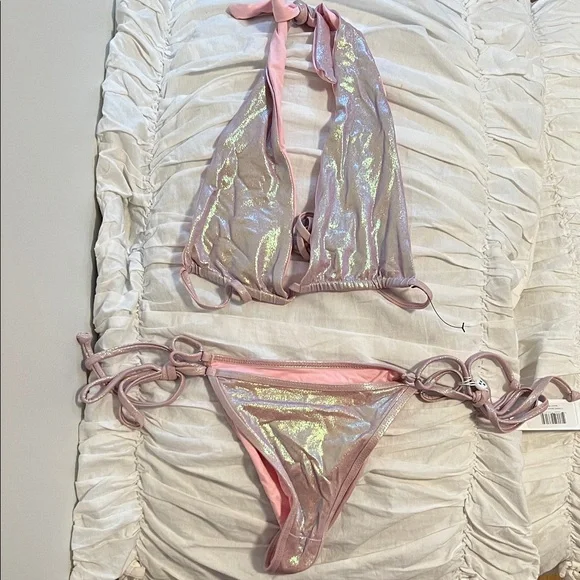 Frankie’s Bikinis iridescent pink bikini set XS top M bottom - Picture 2 of 5
